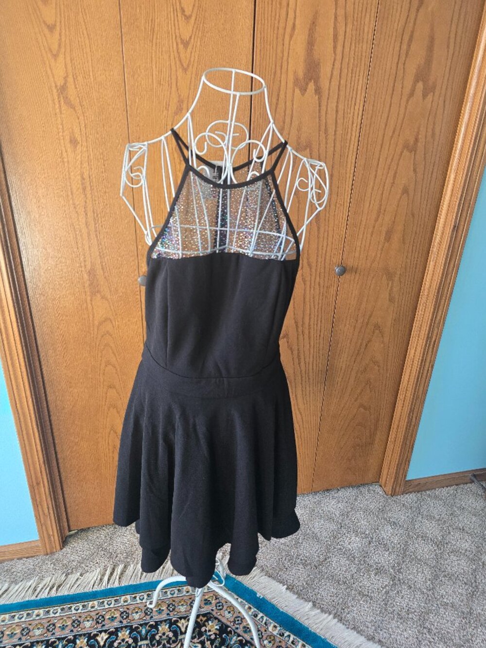 Emerald Sundae Black Glitter Mesh Skater Dress L Built-In Bra Party EUC